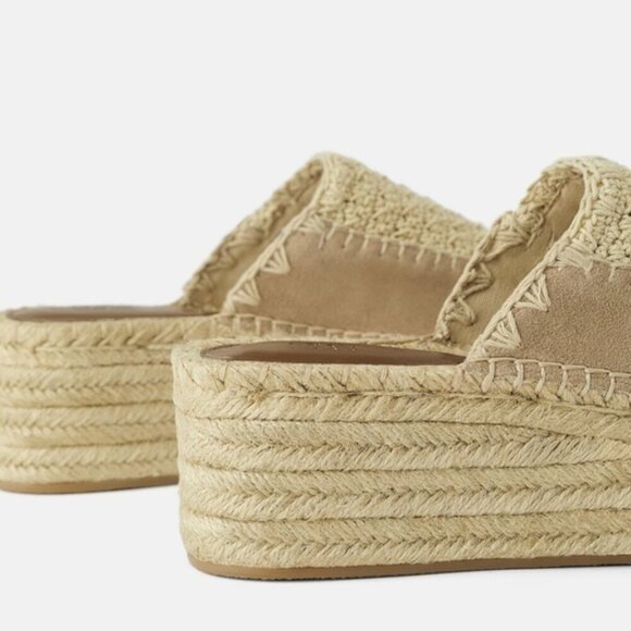 NWOT Zara ecru and khaki suede crochet espadrille platform sandals, EU 38 - Picture 6 of 14